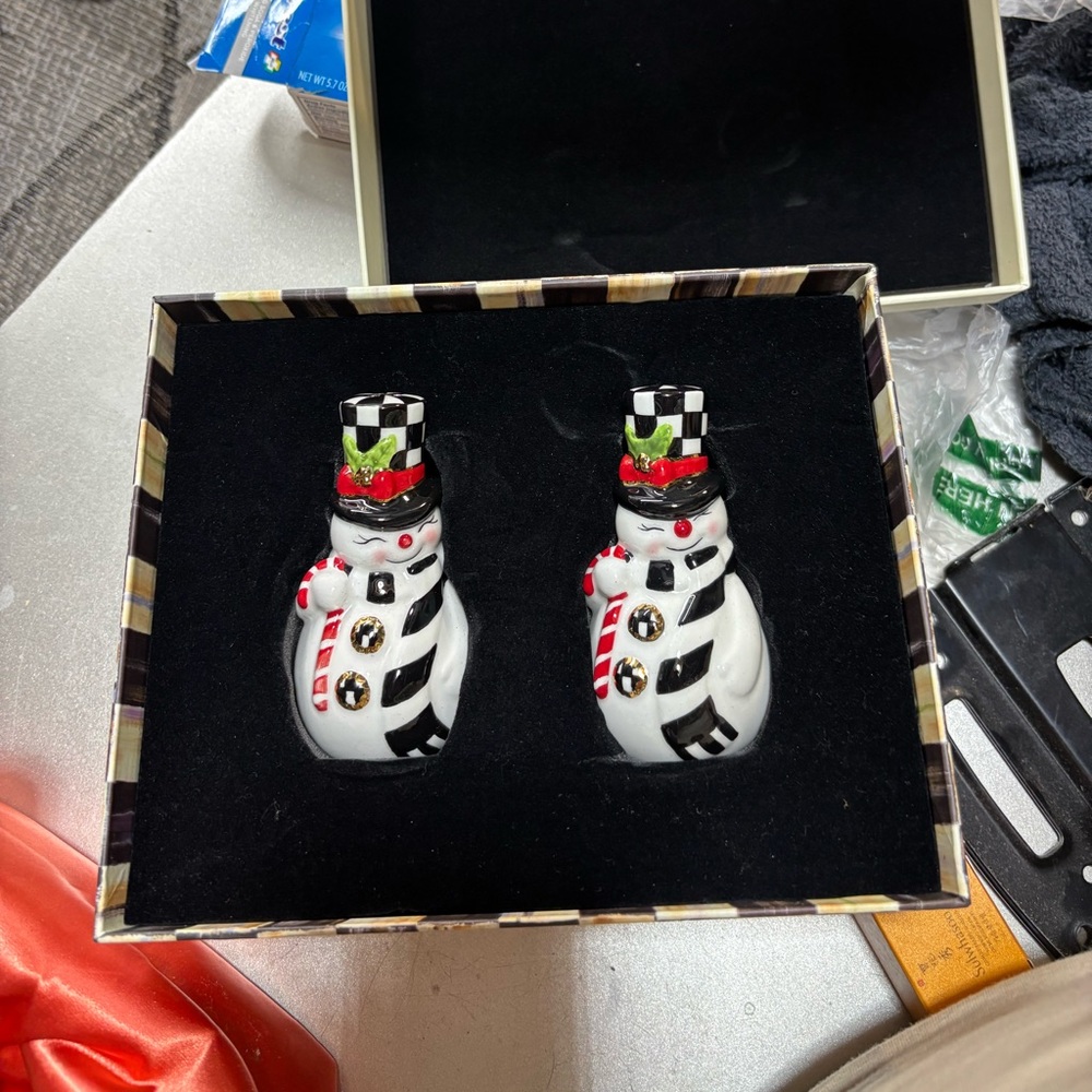 mackenzie-childs nostalgia snowman salt and pepper shakers